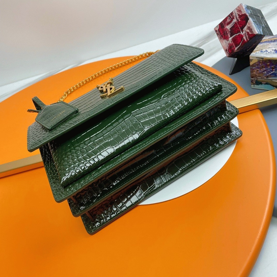 Fake Saint Laurent Sunset Medium Chain Bag Green Crocodile-embossed Leather