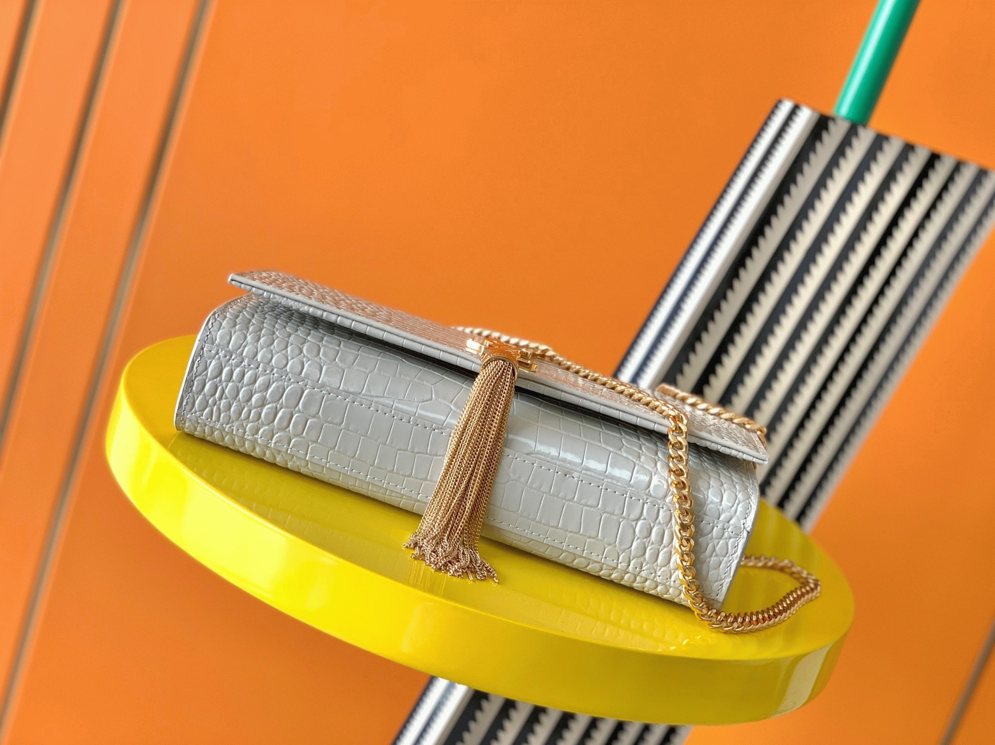 Replica Saint Laurent Kate Medium Tassel Bag White Crocodile-embossed Leather