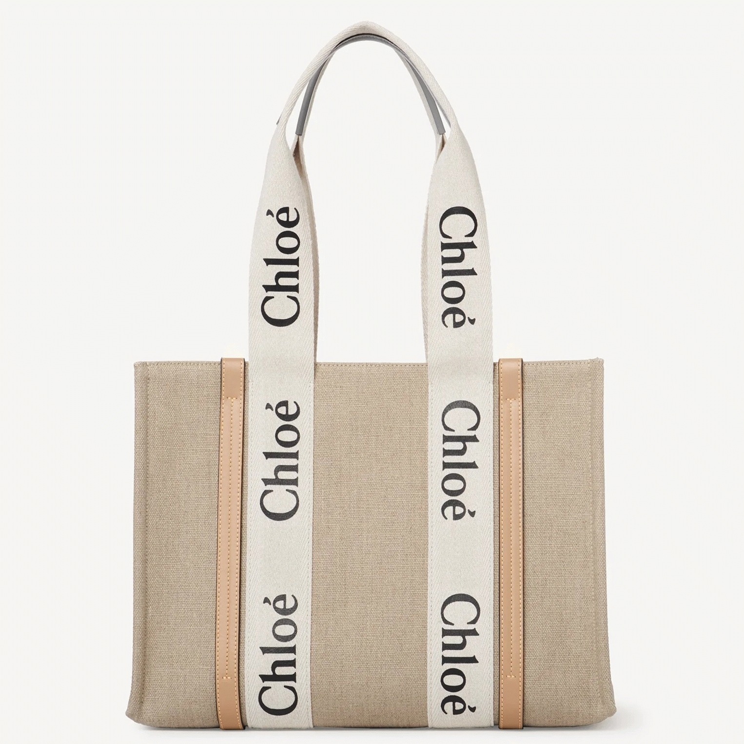 Top Quality Fake Chloe Woody Medium Tote Bag in Linen Canvas with Beige Leather