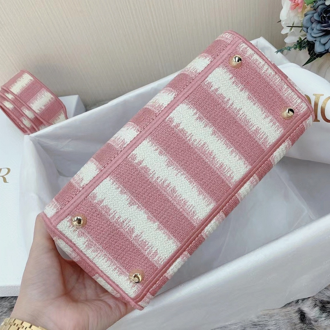 Dior Lady D-Lite Medium Bag Replica in Pink D-Stripes Embroidery
