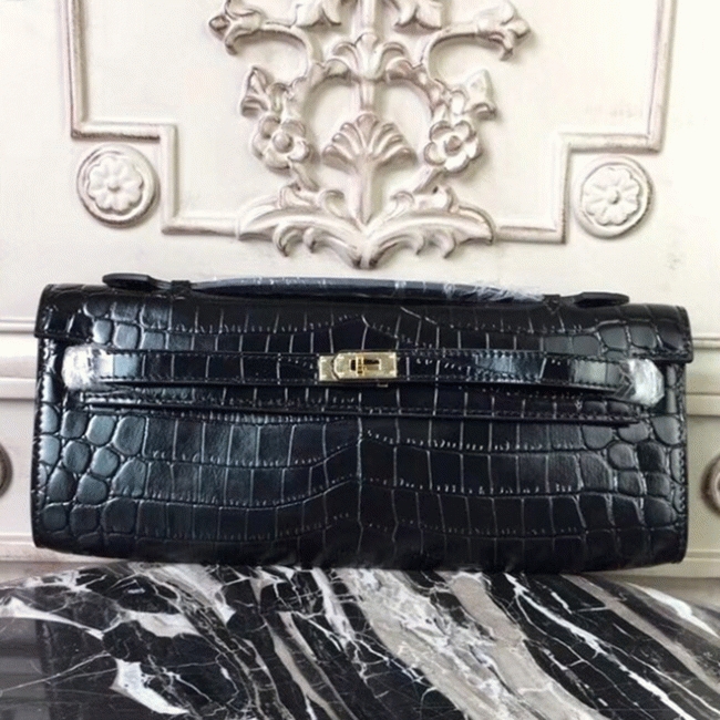 Black Crocodile Replica Hermes Kelly Cut Clutch Exotic Skin Bag