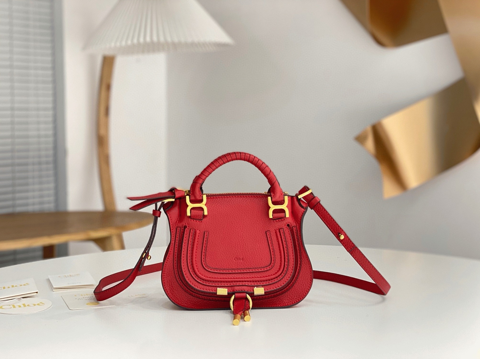 Top Quality Knockoff Chloe Marcie Mini Double Carry Bag in Red Grained Leather