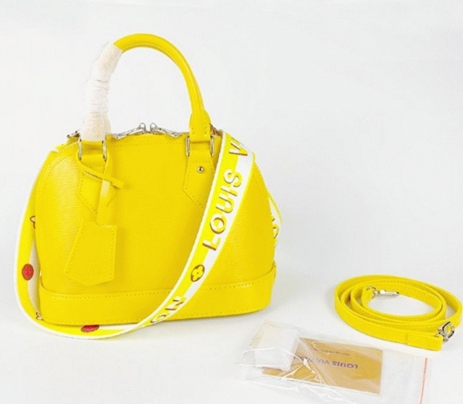 Louis Vuitton Epi Leather Alma BB Handbag In Cedrat Yellow With Jacquard Strap