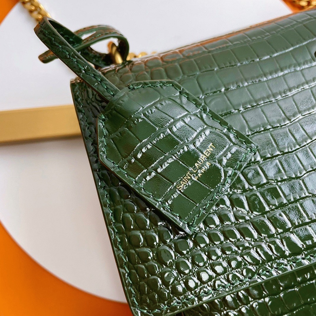 Fake Saint Laurent Sunset Medium Chain Bag Green Crocodile-embossed Leather