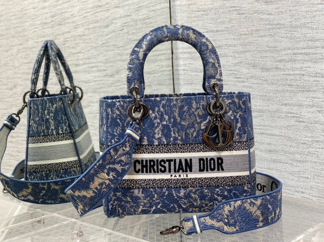 Dior Lady D-Lite Medium Bag Replica in Blue Brocart Denim-Effect Embroidery