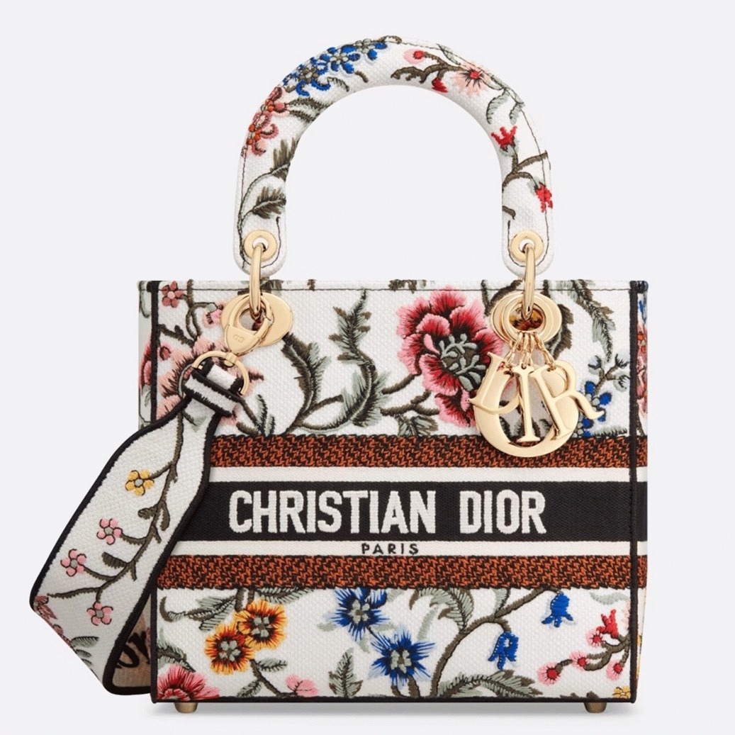 Dior Lady D-Lite Medium Bag Fake in White Dior Petites Fleurs Embroidery