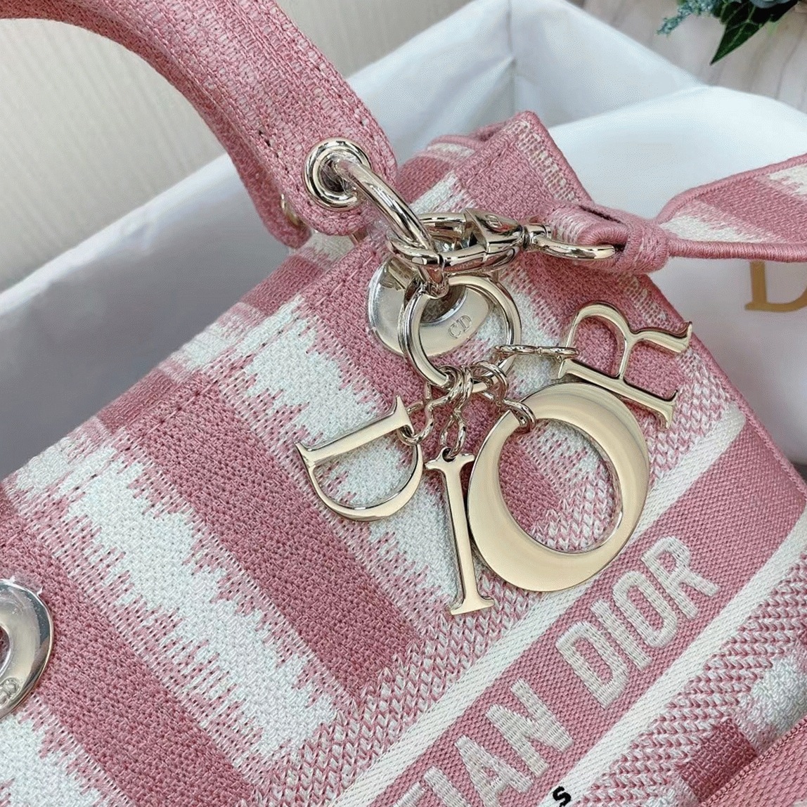 Dior Lady D-Lite Medium Bag Replica in Pink D-Stripes Embroidery