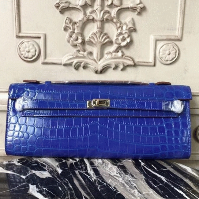 Blue Electric Crocodile Replica Hermes Kelly Cut Clutch Bold Statement