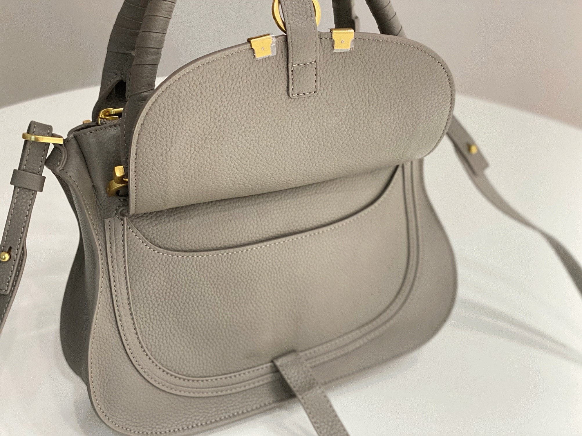 Top Quality Knockoff Chloe Marcie Small Double Carry Bag in Grey Grained Leather