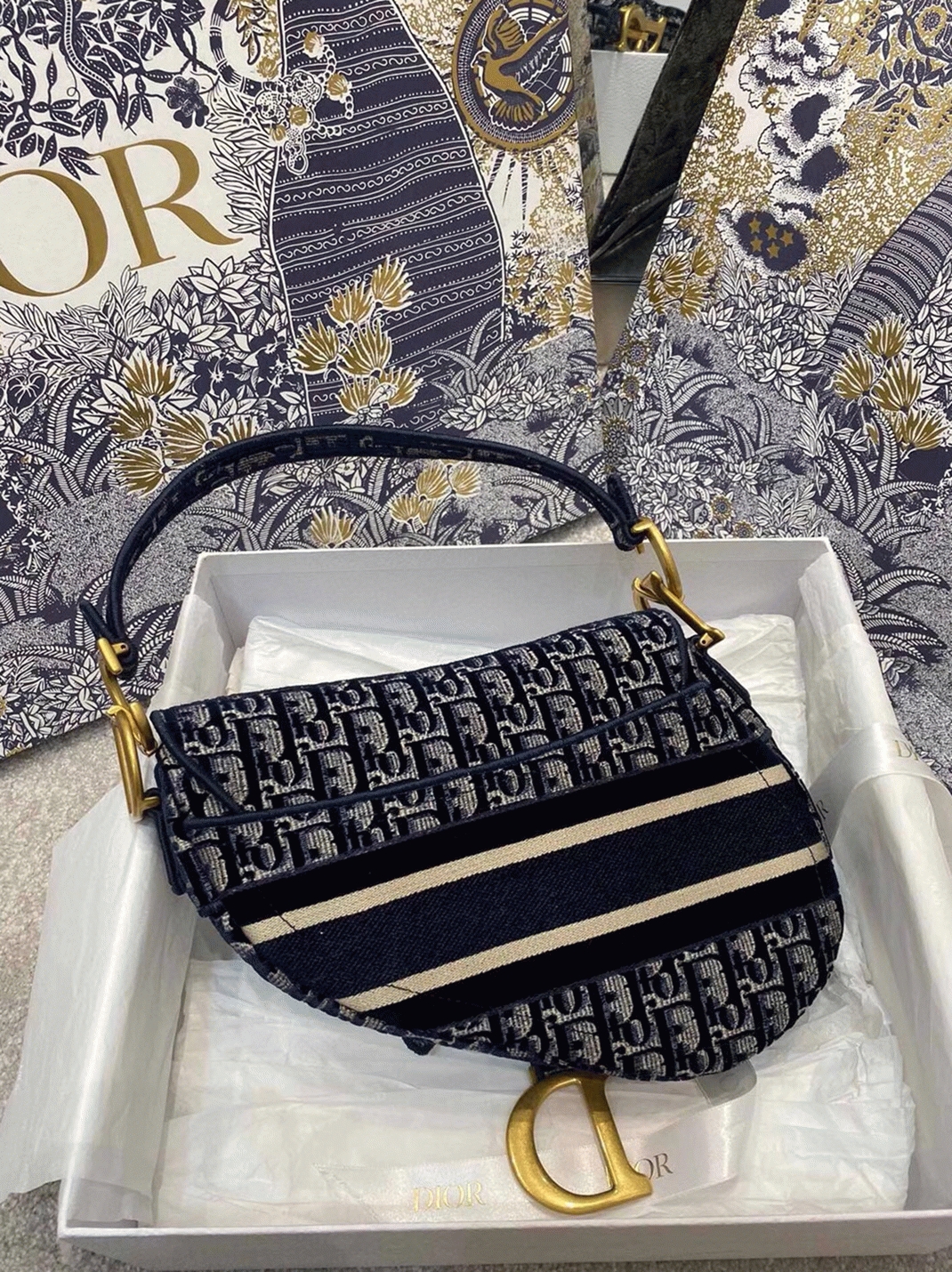 Dior Saddle Bag Knockoff in Blue Velvet Oblique Embroidered