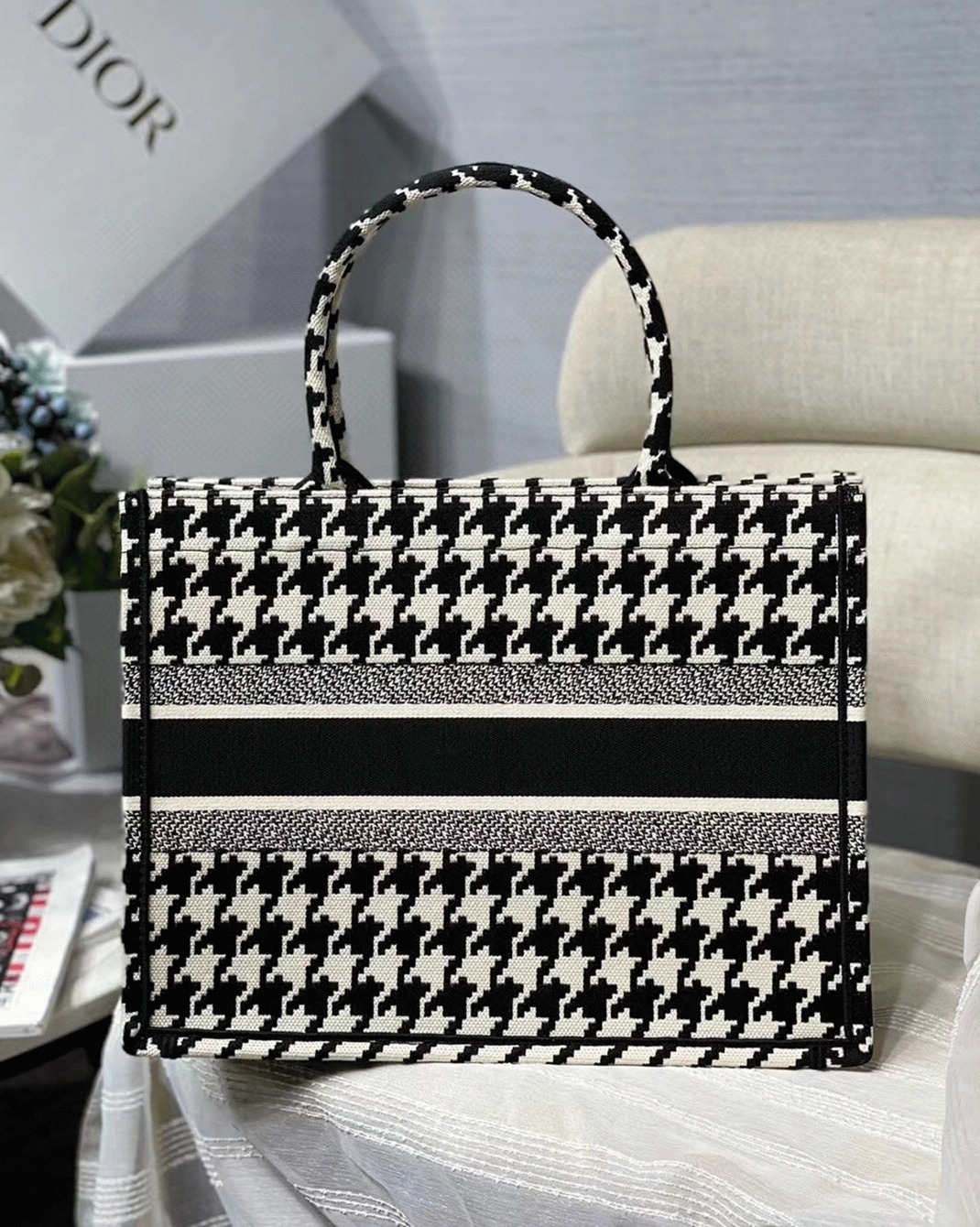 Dior Medium Book Tote Bag Replica in Black Houndstooth Embroidery