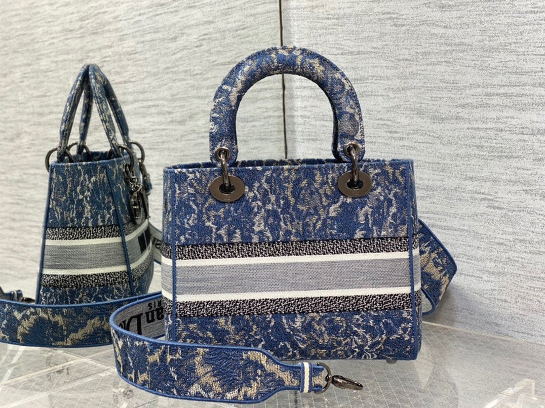 Dior Lady D-Lite Medium Bag Replica in Blue Brocart Denim-Effect Embroidery