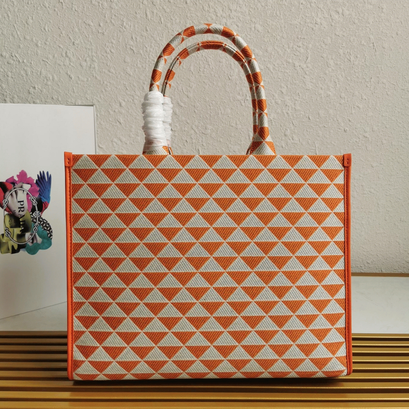 Prada Symbole Large Bag Imitation in Orange/White Jacquard Fabric