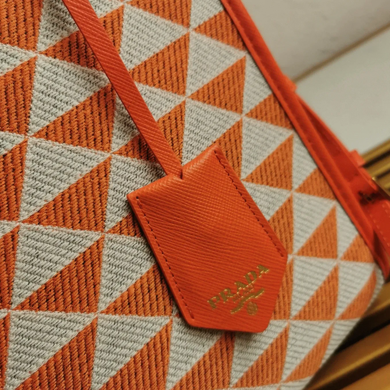 Prada Symbole Small Bag Fake in Orange/White Jacquard Fabric