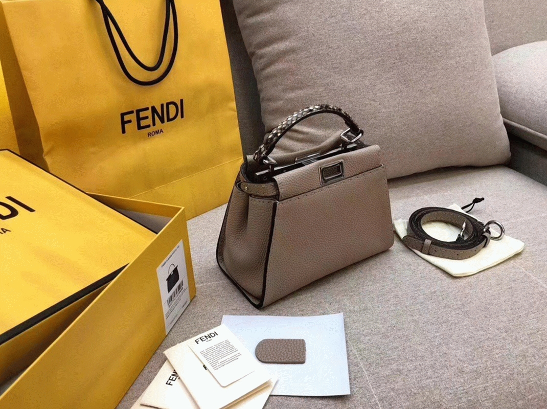 Top Quality Knockoff Fendi Peekaboo Mini Selleria Grey Bag with Python Leather Handle