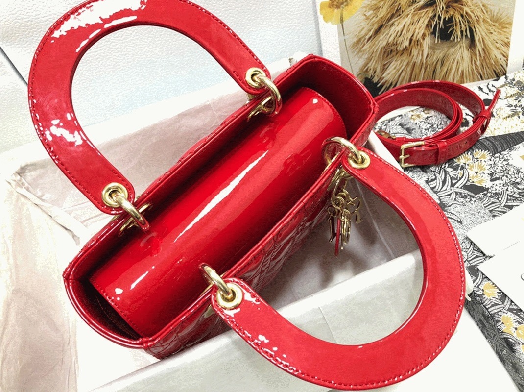 Dior Small Lady Dior Bag Replica in Red Patent Cannage Calfskin