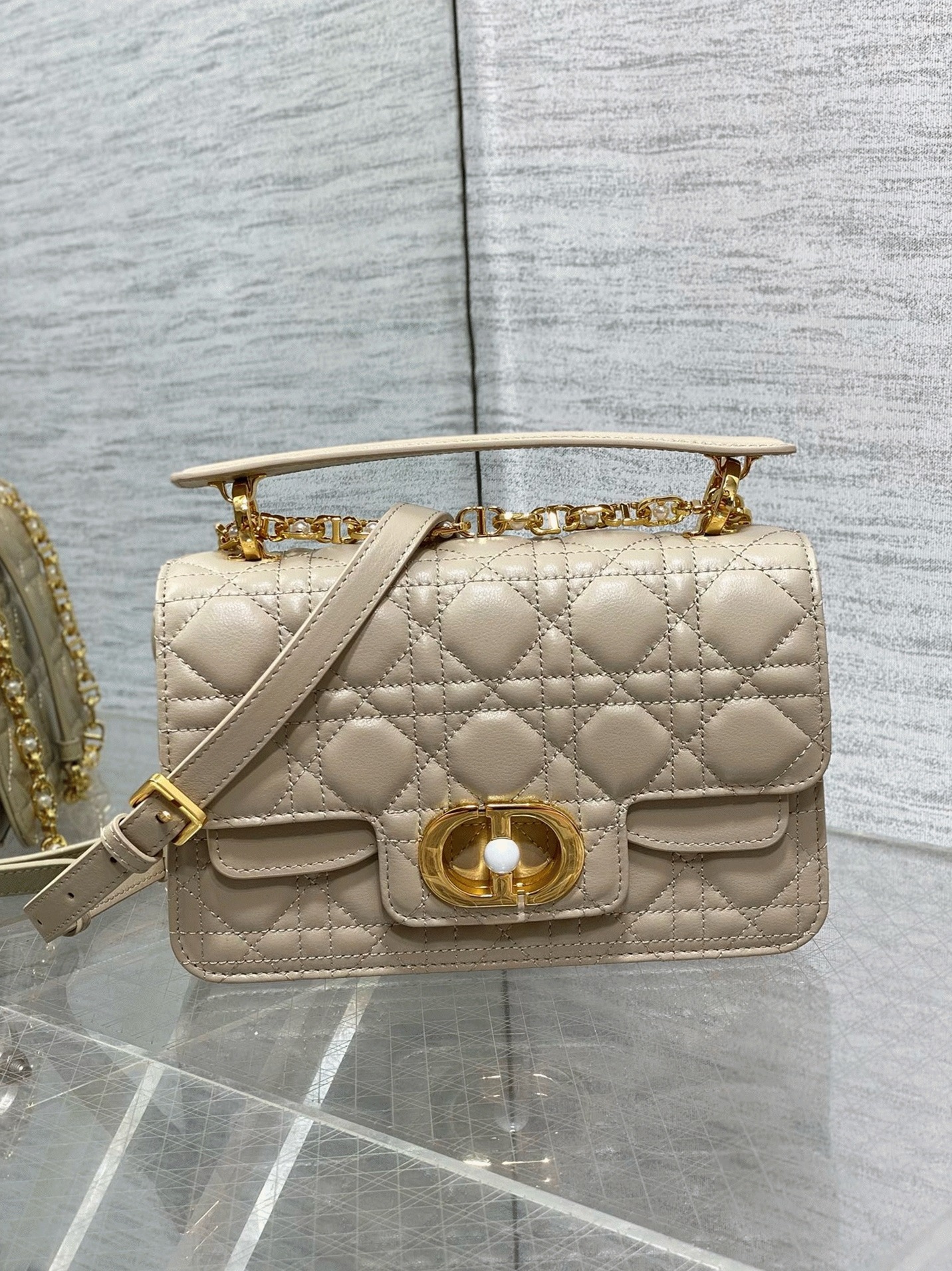 Dior Small Jolie Top Handle Bag Knockoff in Beige Cannage Calfskin