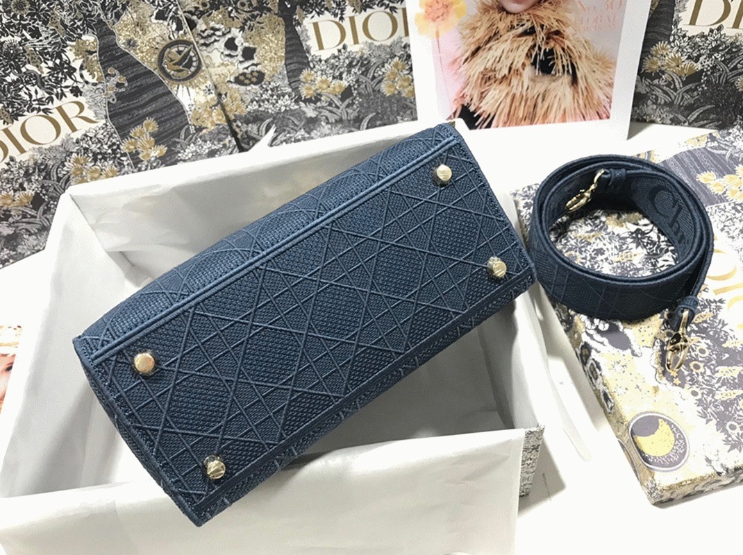 Dior Lady D-Lite Medium Bag Fake in Blue Cannage Embroidered Canvas