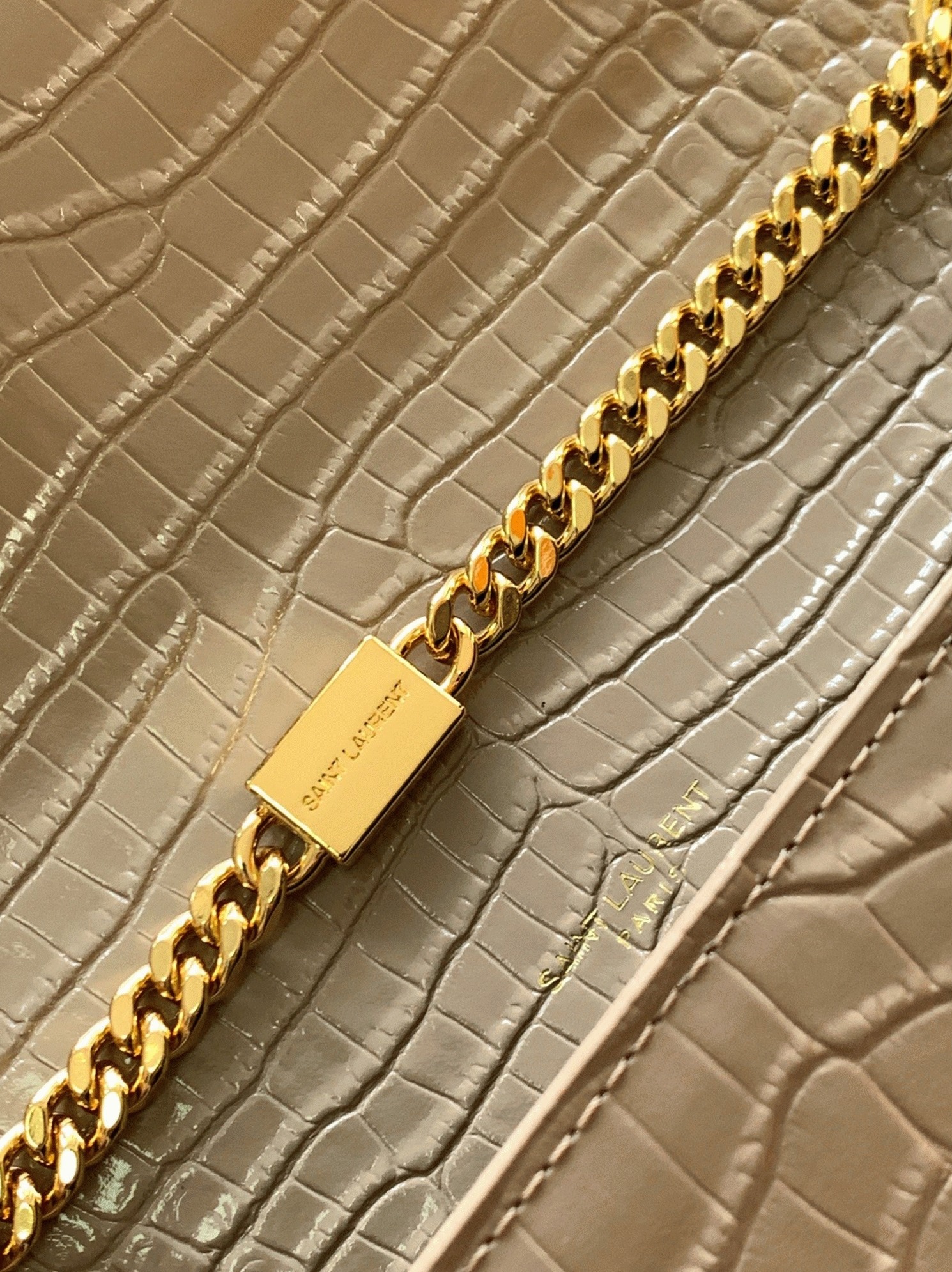 Fake Saint Laurent Kate Medium Tassel Bag Beige Crocodile-embossed Leather