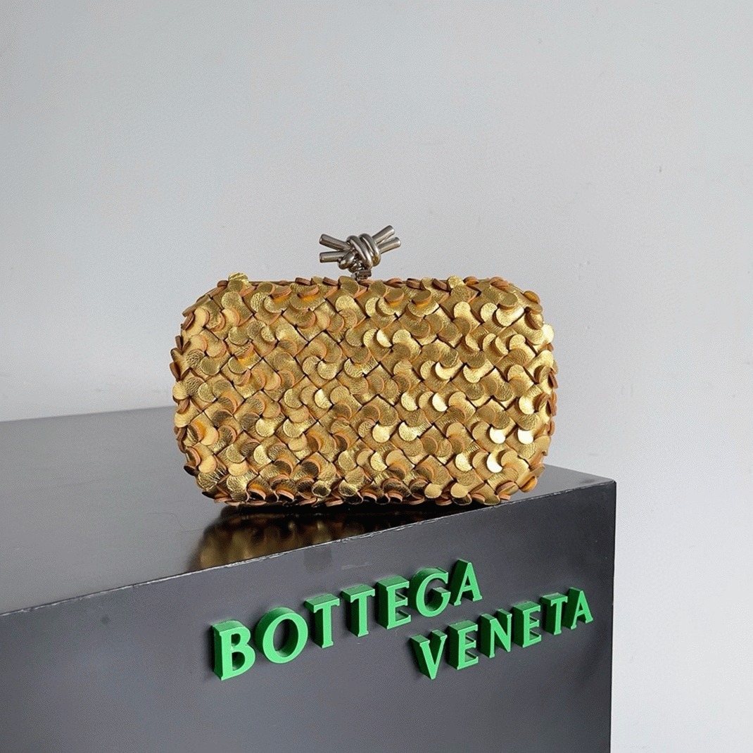 Fake Bottega Veneta Knot Minaudiere Clutch Gold Sequins
