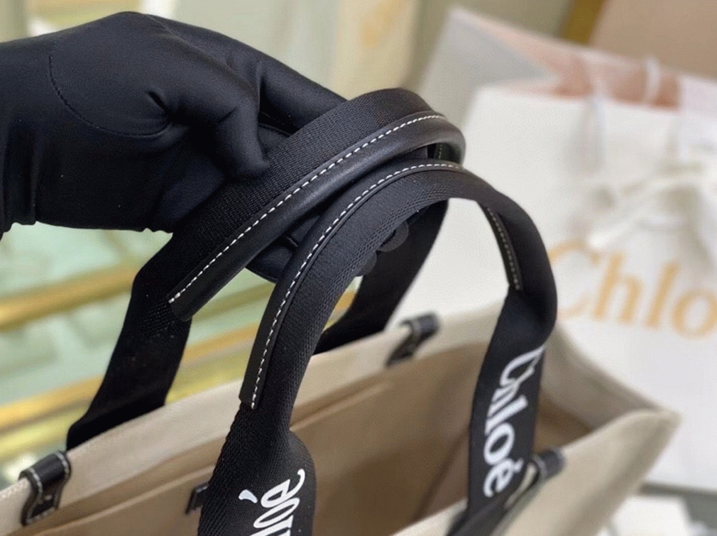 Top Quality Knockoff Chloe Medium Woody Tote Bag in Canvas with Black Leather Strips