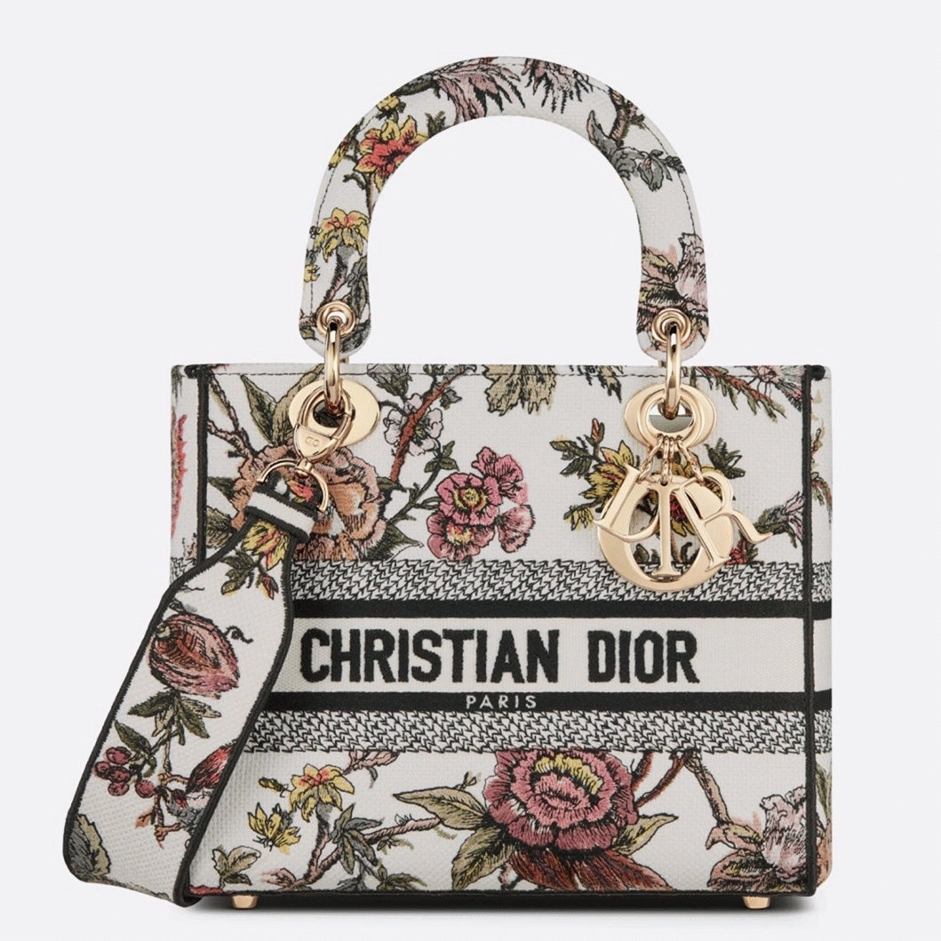 Dior Lady D-Lite Medium Bag Fake in White Jardin Botanique Embroidery