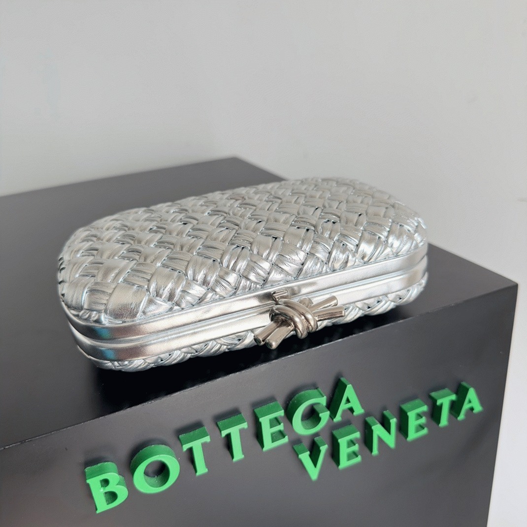 Fake Bottega Veneta Knot Minaudiere Clutch Silver Intreccio