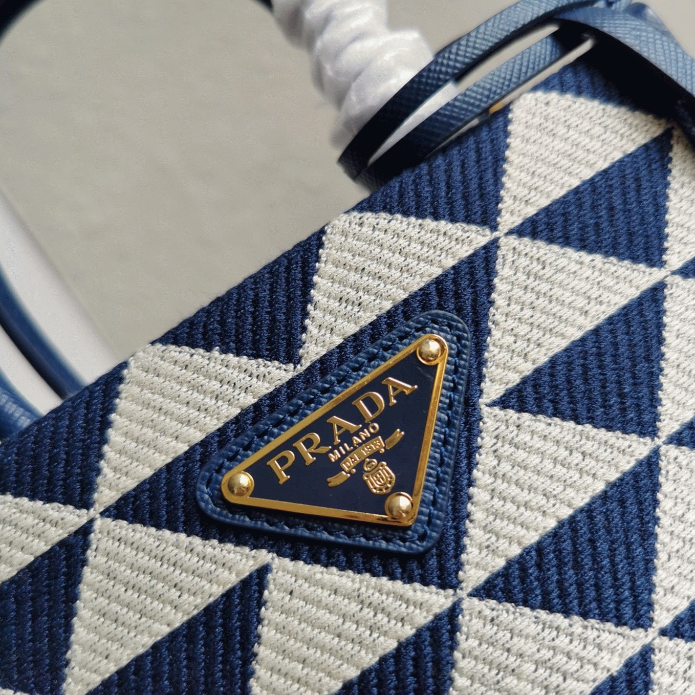 Prada Symbole Micro Bag Replica in White/Blue Jacquard Fabric