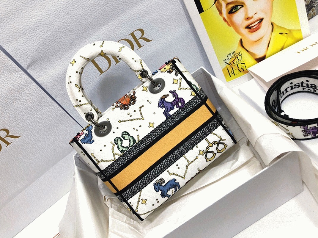 Dior Lady D-Lite Medium Bag Fake in White Pixel Zodiac Embroidery