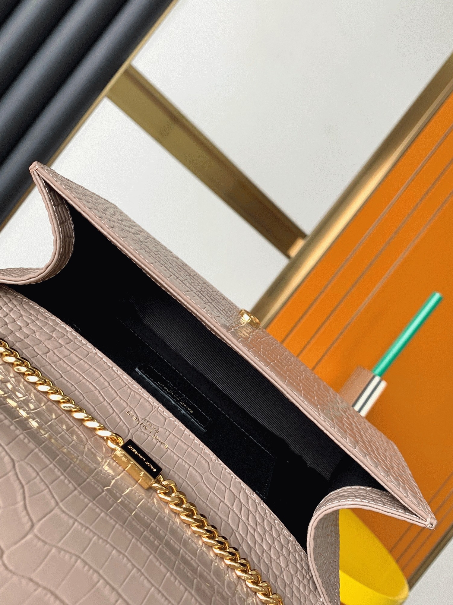 Fake Saint Laurent Kate Medium Tassel Bag Beige Crocodile-embossed Leather