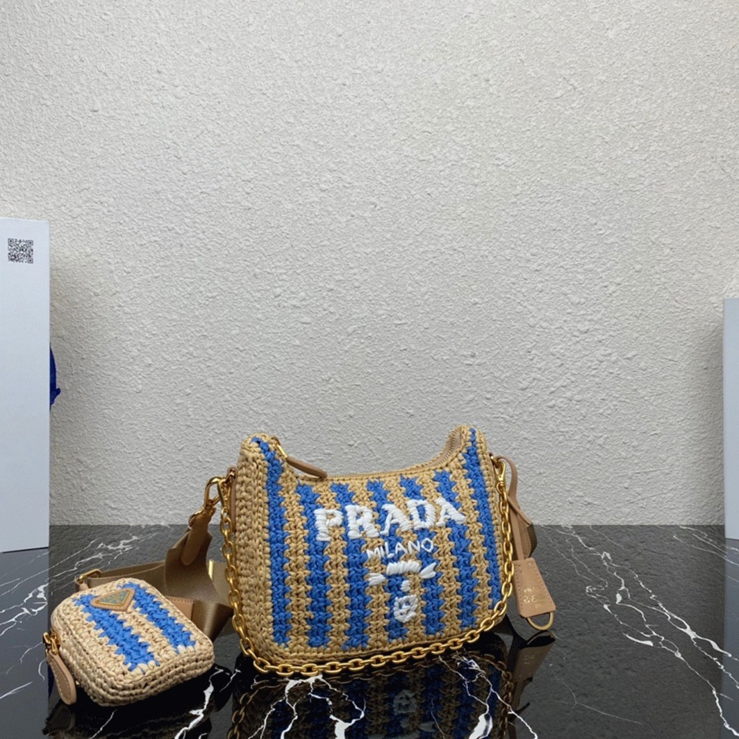 Prada Re-Edition Bag Fake in Beige and Blue Stripe