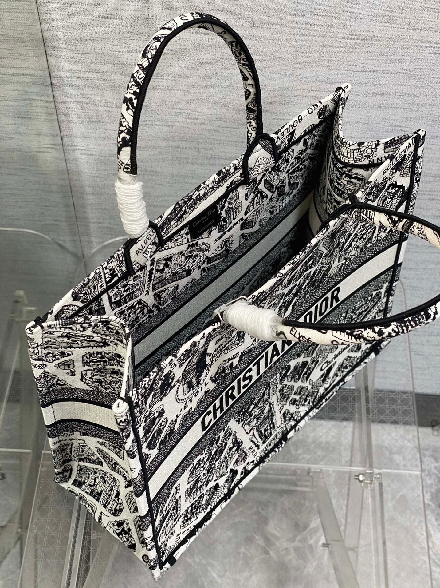 Dior Large Book Tote Bag Knockoff in White Plan de Paris Embroidery