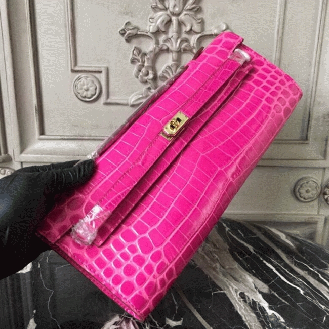 Rose Red Crocodile Replica Hermes Kelly Cut Clutch Elegant Accent Bag