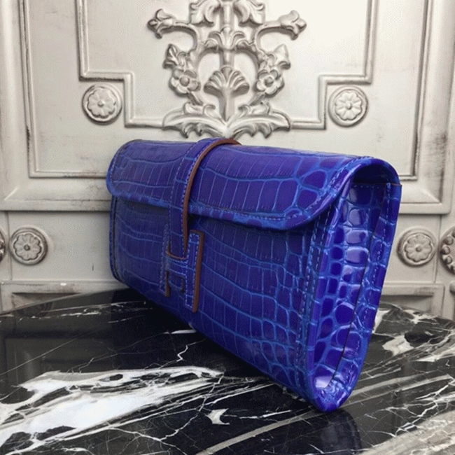 Blue electric crocodile leather replica Hermes Jige Elan clutch bag