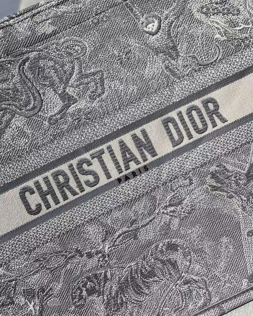 Dior Large Book Tote Bag Knockoff in Gray Toile de Jouy Reverse Embroidery