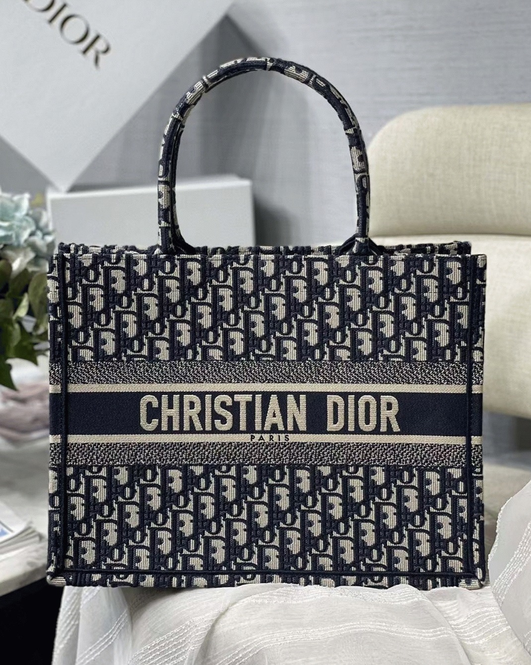 Dior Medium Book Tote Bag Replica in Blue Dior Oblique Embroidery
