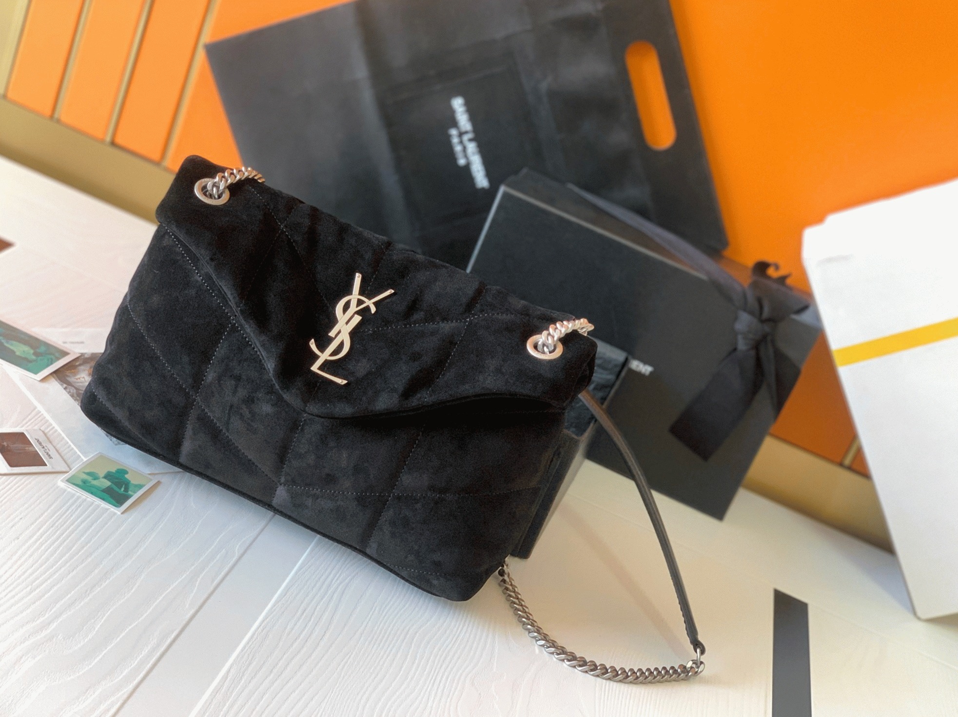 Saint Laurent Puffer Medium Chain Bag Black Suede Calfskin