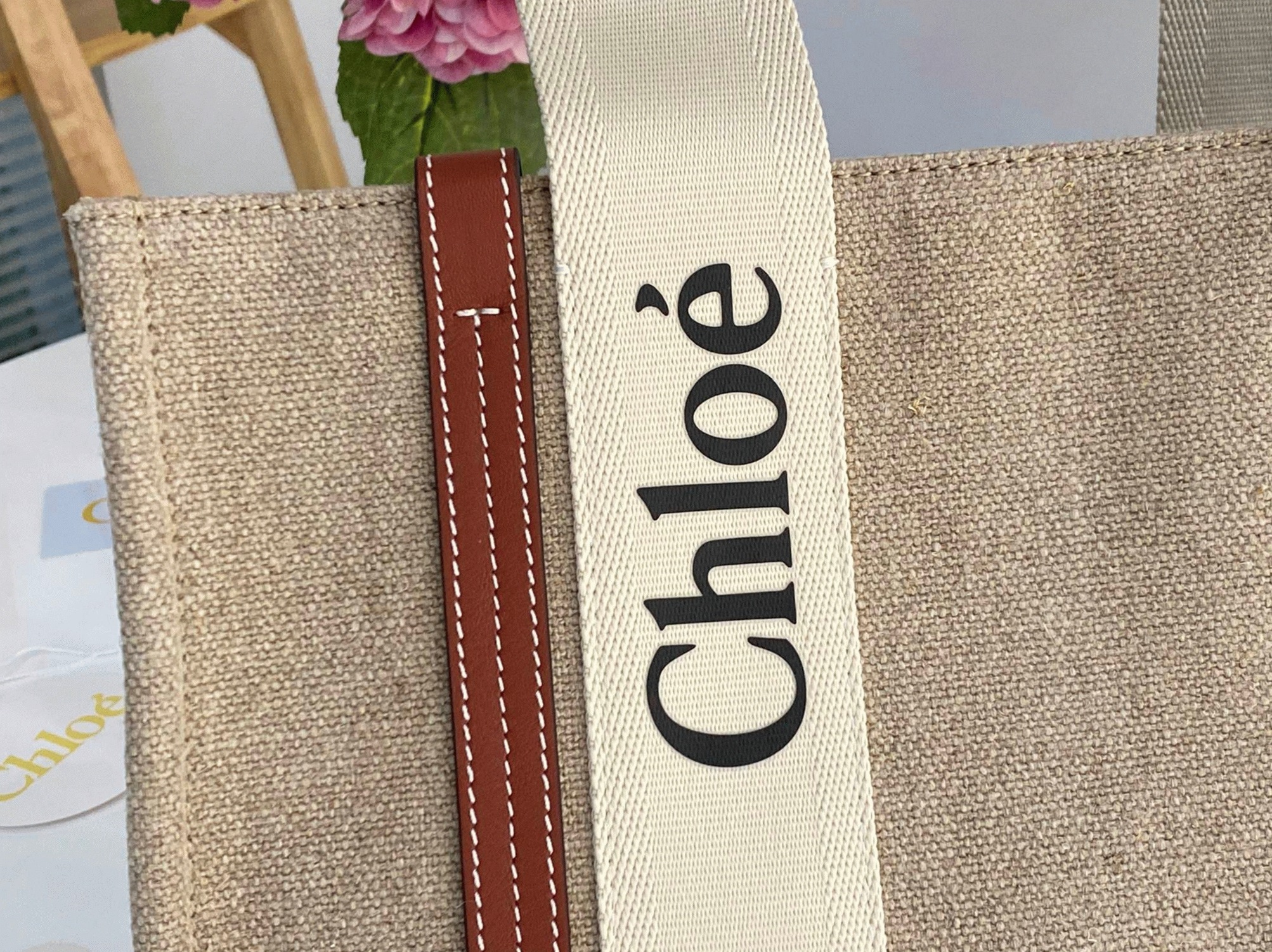 Top Quality Knockoff Chloe Woody Medium Tote Bag in Linen Canvas with Brown Leather
