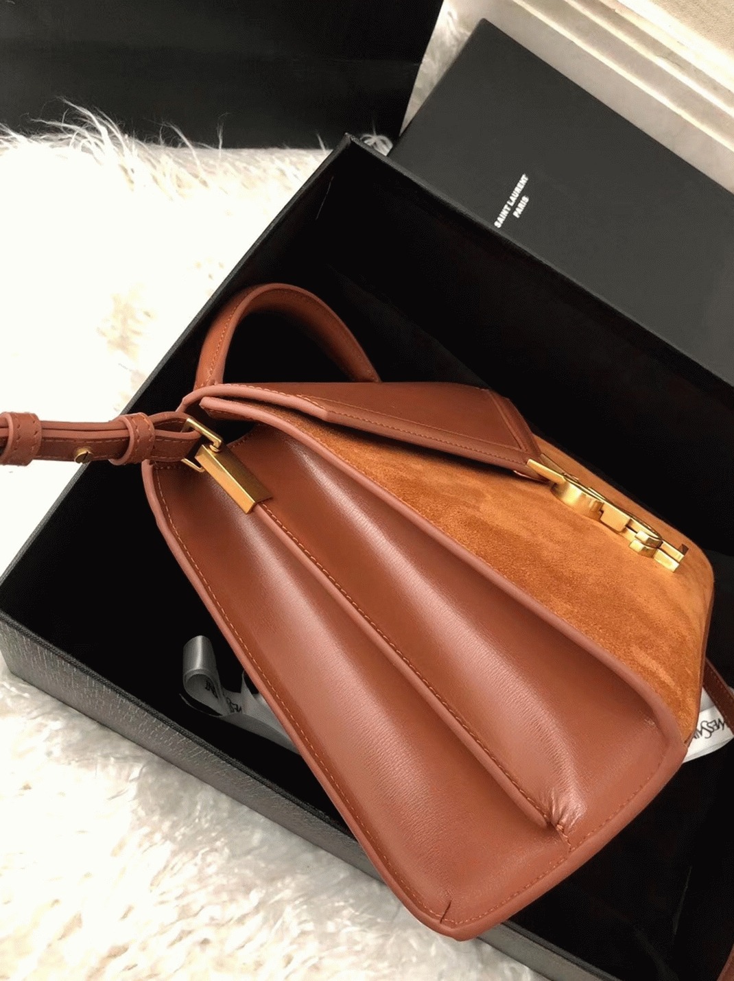 Fake Saint Laurent Cassandra Medium Bag Brown Suede