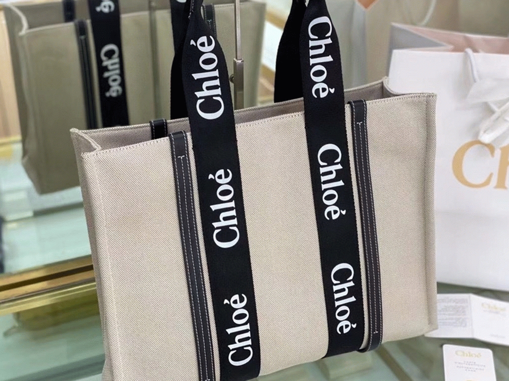 Top Quality Knockoff Chloe Medium Woody Tote Bag in Canvas with Black Leather Strips