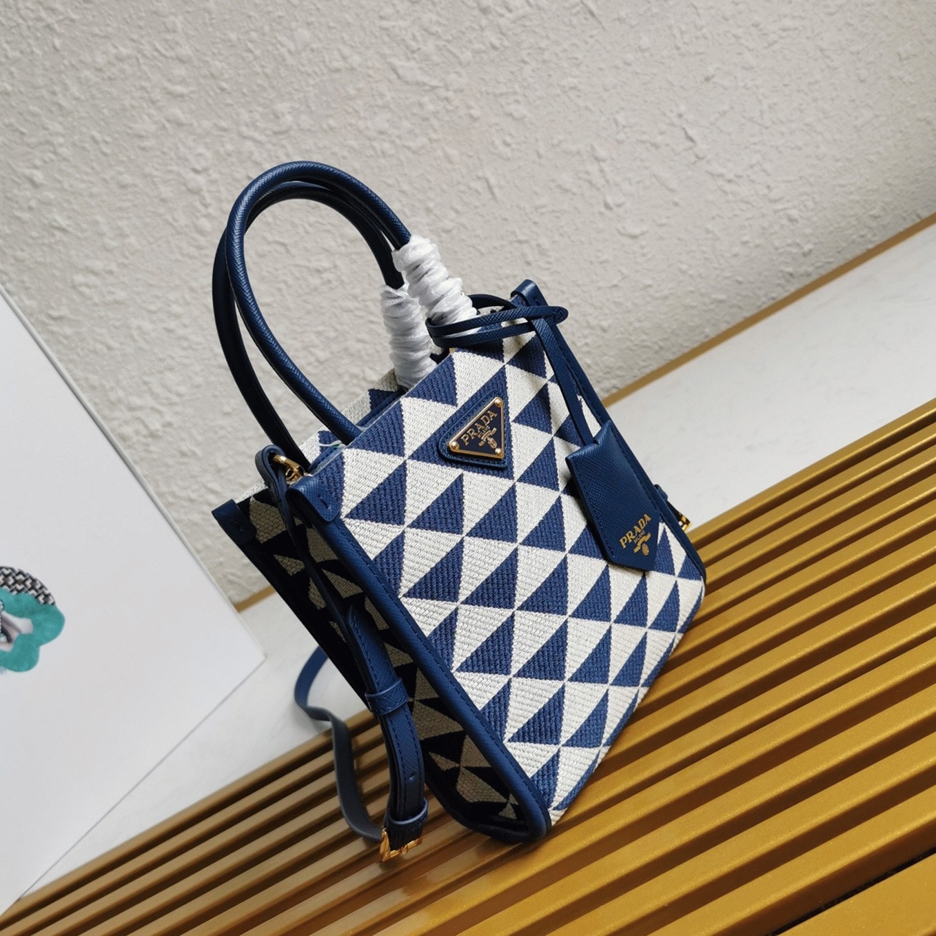 Prada Symbole Micro Bag Replica in White/Blue Jacquard Fabric