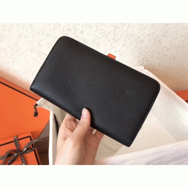 Black orange fake luxury Hermes Dogon duo wallet