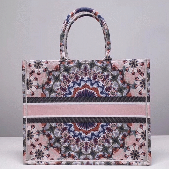 Dior Large Book Tote Bag Fake in Pink KaleiDiorscopic Embroidered Cotton