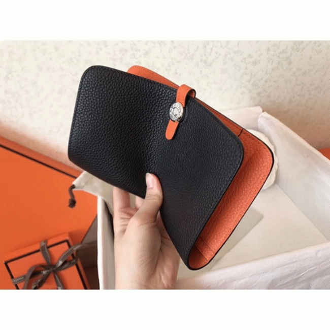 Black orange fake luxury Hermes Dogon duo wallet