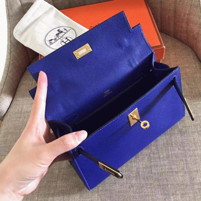 Electric Blue Epsom Replica Hermes Kelly Pochette Bright Purse