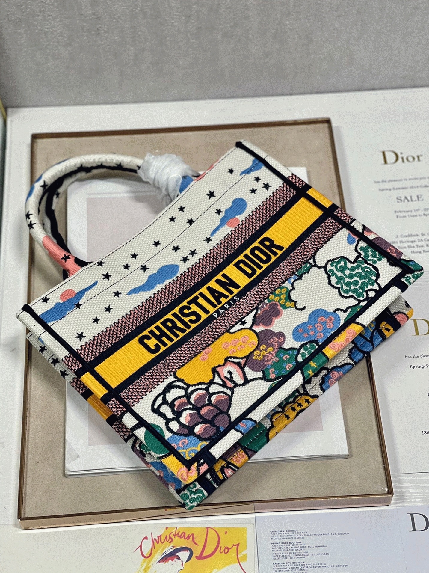 Dior Large Book Tote Bag Faux in White Pixel Zodiac Embroidery