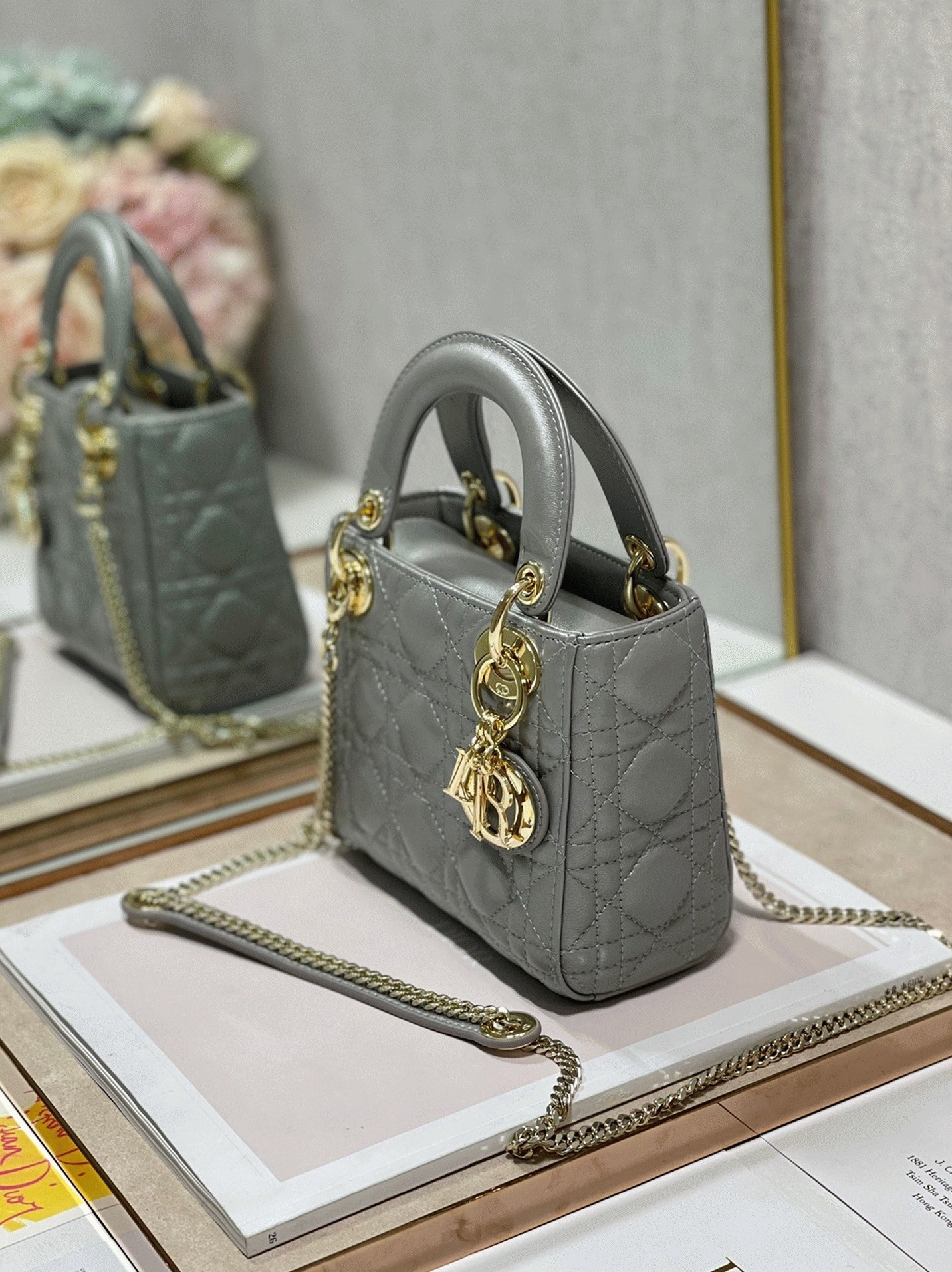 Dior Lady Dior Mini Chain Bag Replica in Grey Pearlescent Lambskin