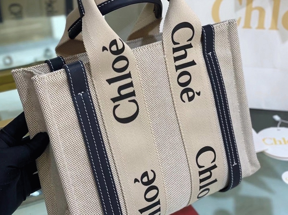Top Quality Fake Chloe Small Woody Tote Bag in Canvas with Blue Leather Strips