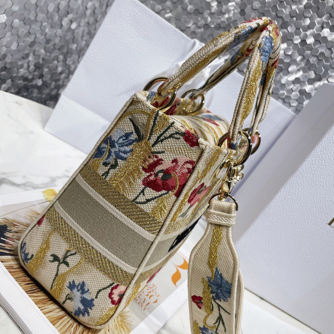 Dior Lady D-Lite Medium Bag Replica in Hibiscus Metallic Thread Embroidery