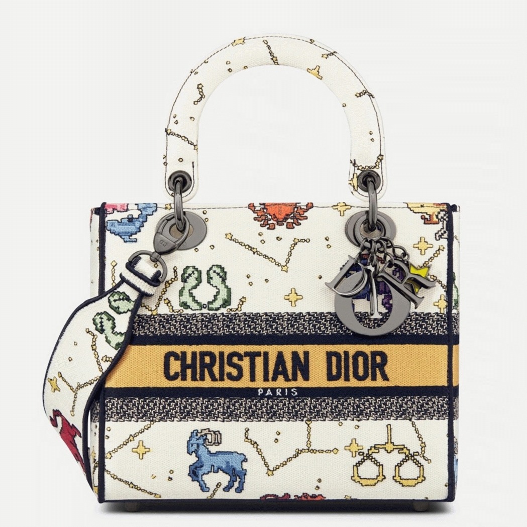 Dior Lady D-Lite Medium Bag Fake in White Pixel Zodiac Embroidery